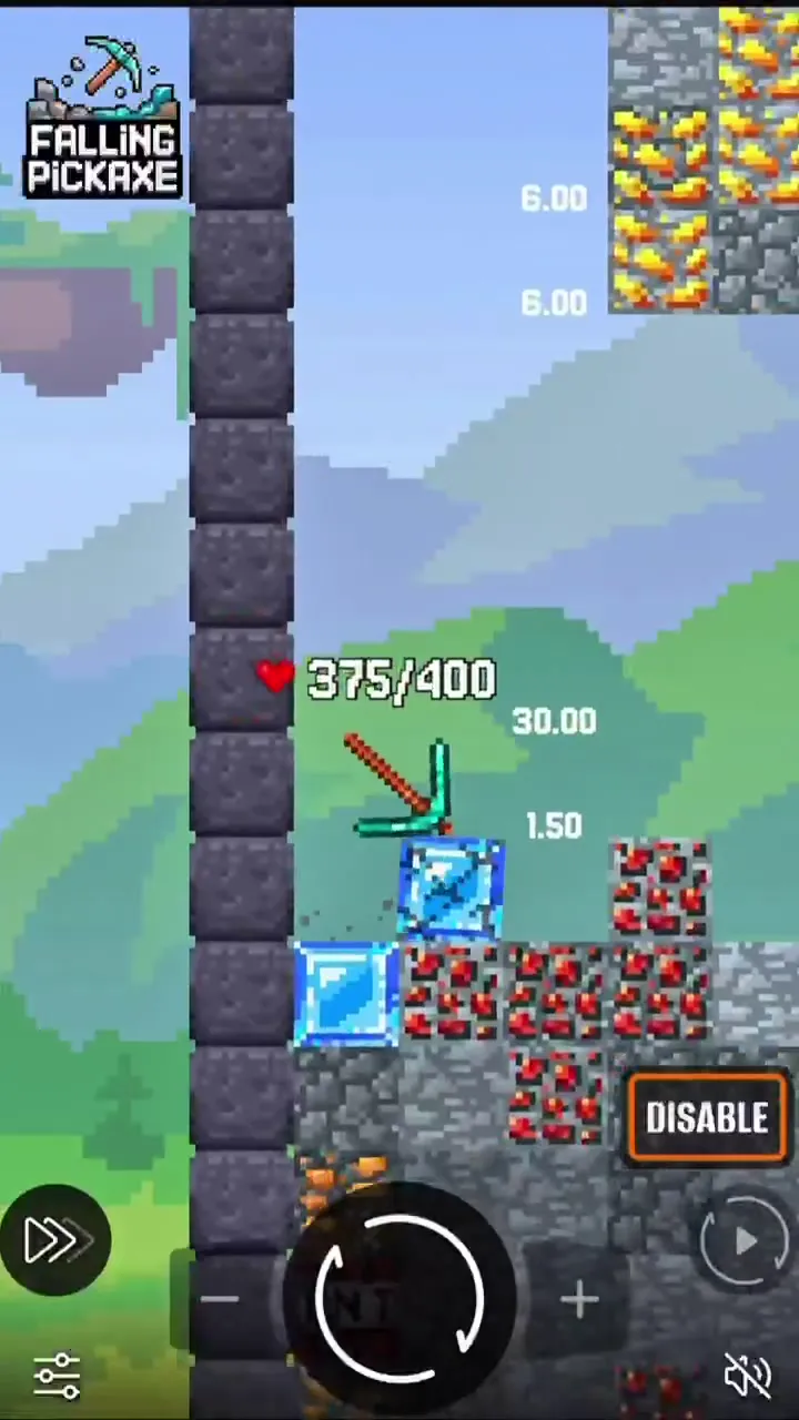 Кирка Falling Pickaxe среди алмазов и золота